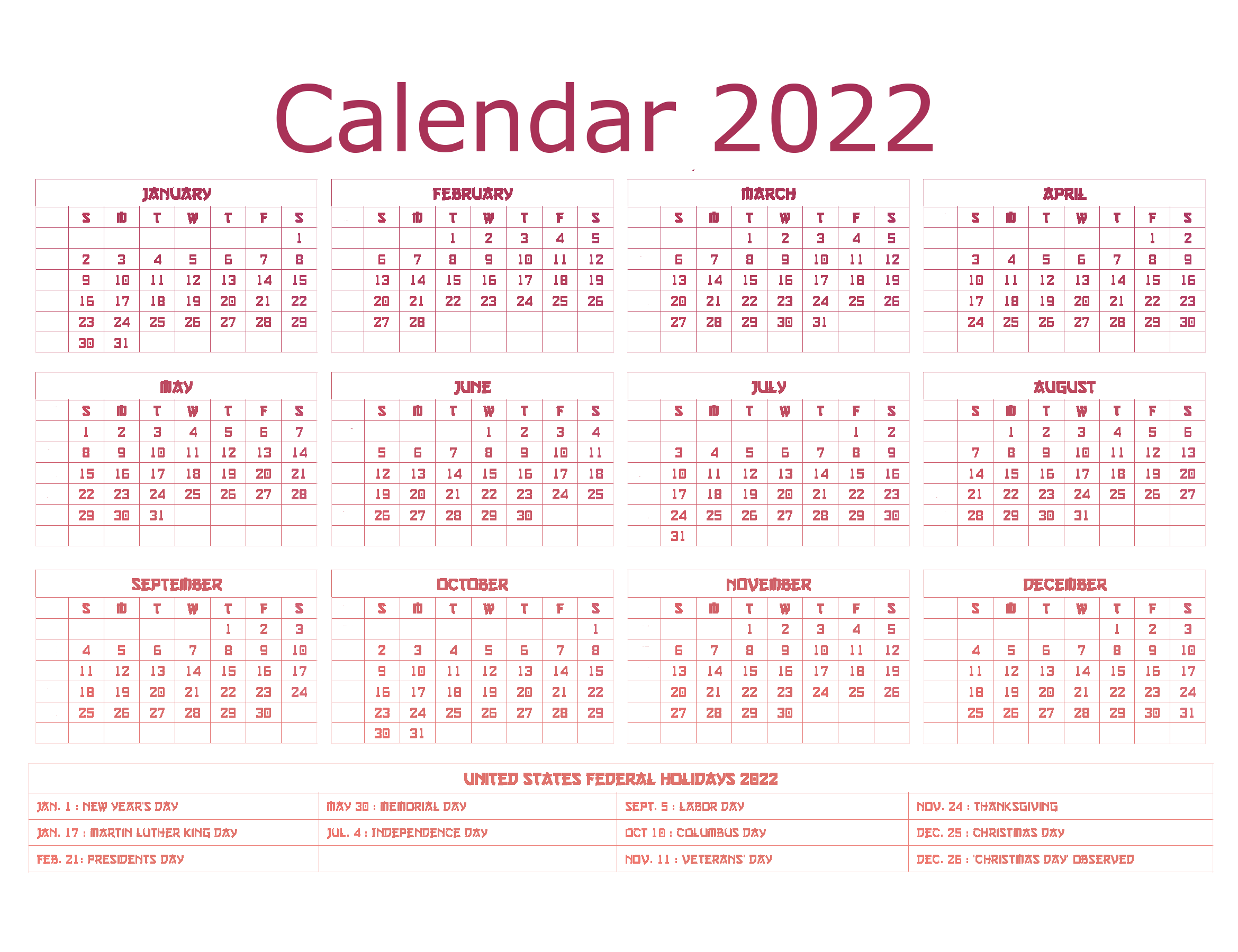 Year 2022 Calendar PNG Clipart