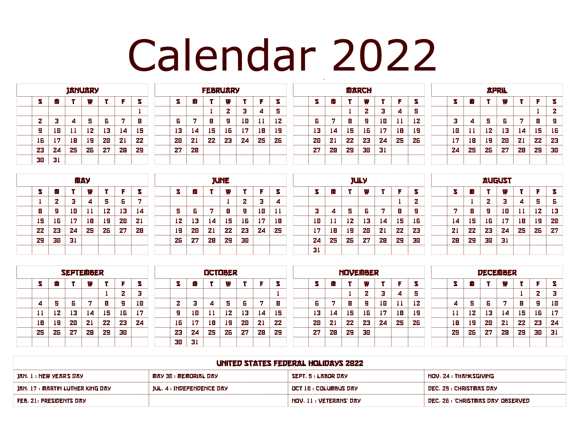 Year 2022 Calendar PNG Image