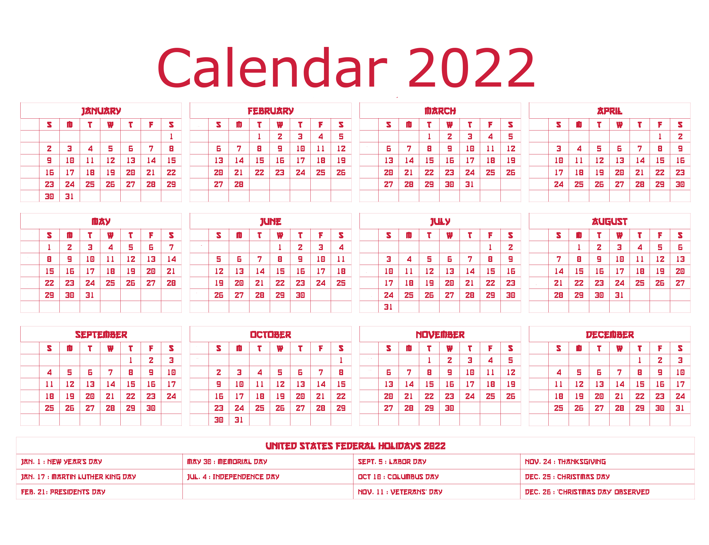 Year 2022 Calendar PNG Transparent Image