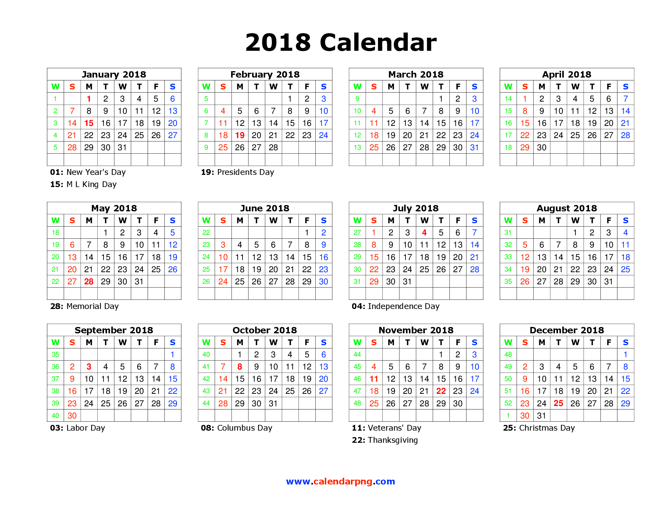 Calendar 2018 PNG File