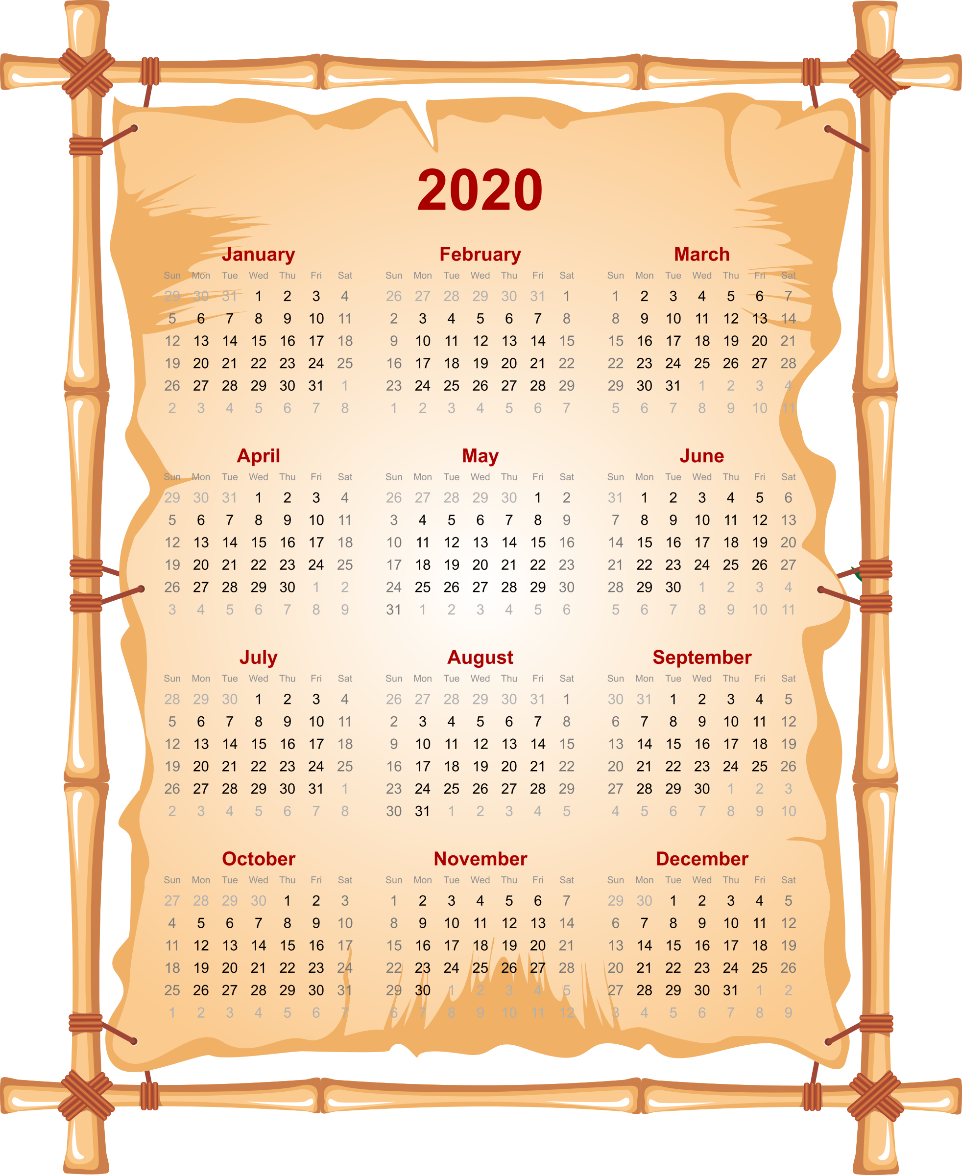 2020 Calendario PNG Trasparente